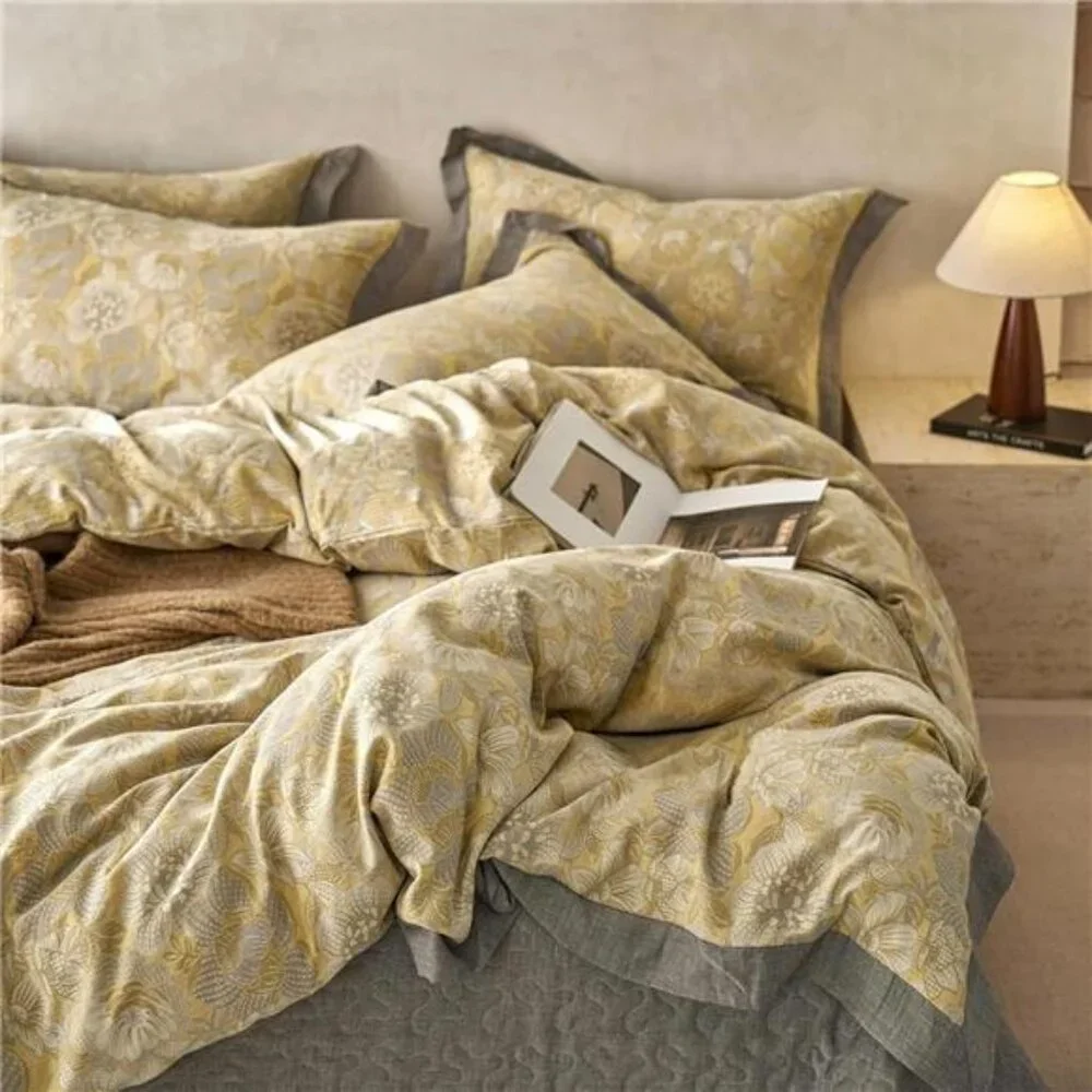 NEW Anthro Yellow Floral Jacquard Queen / King Cotton Bedding Duvet & Sham Set